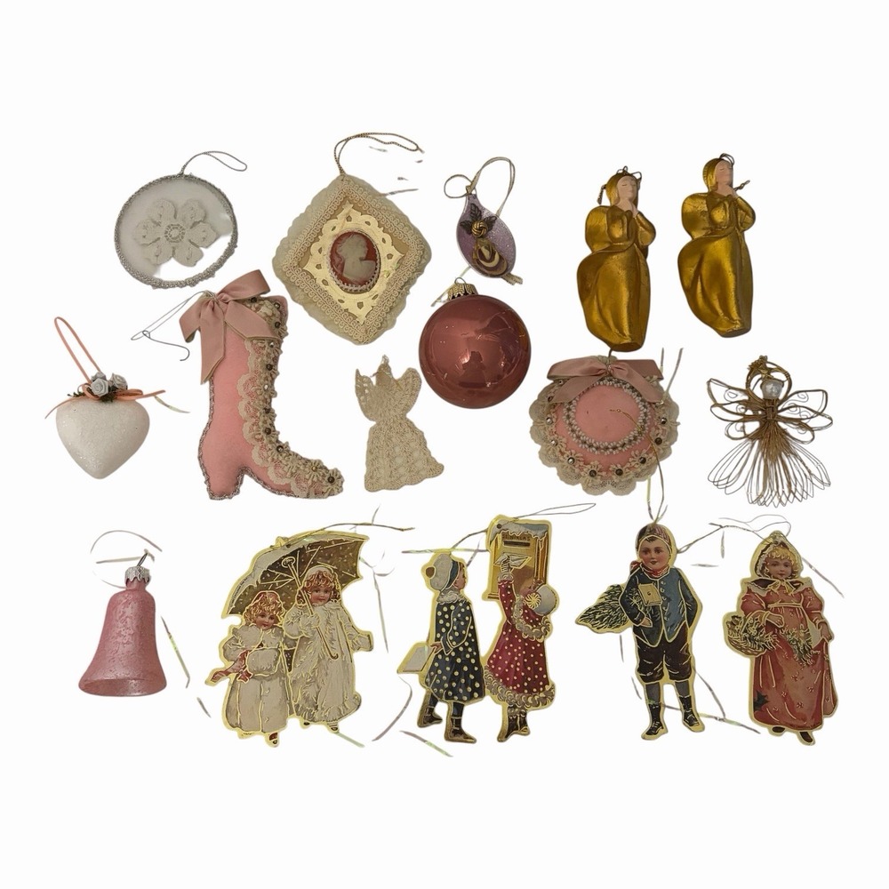 Lot Of 16 Victorian Cottage Christmas Ornaments Chic Shabby Pink core Gold